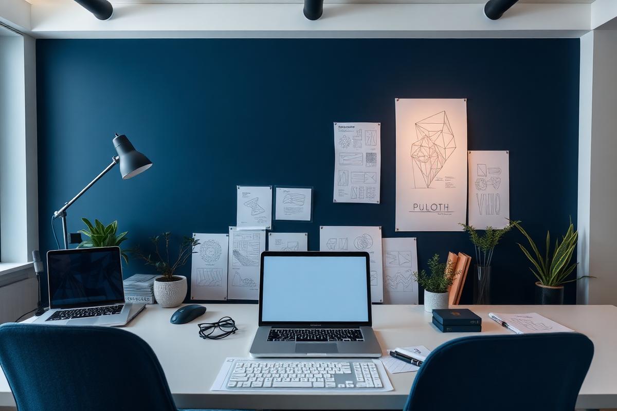LB Websites creative workspace with laptops and design sketches